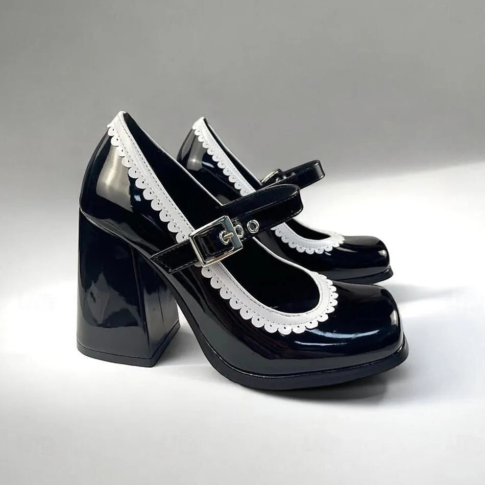 Black Patent Leather Mary Jane Shoes- Women's Vintage Style Heels - Tokiyos