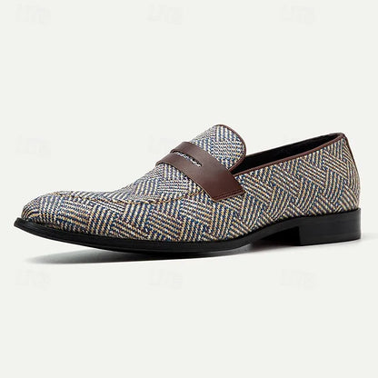 Men's Herringbone Woven Loafers - Breathable Brown and Blue Slip-On Casual Shoes