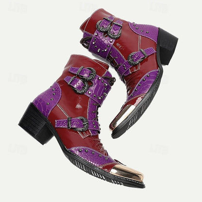 Men's Premium Cowhide Studded Motorcycle Boots - Bold Red and Purple Design with Buckles and Metallic Toe Cap