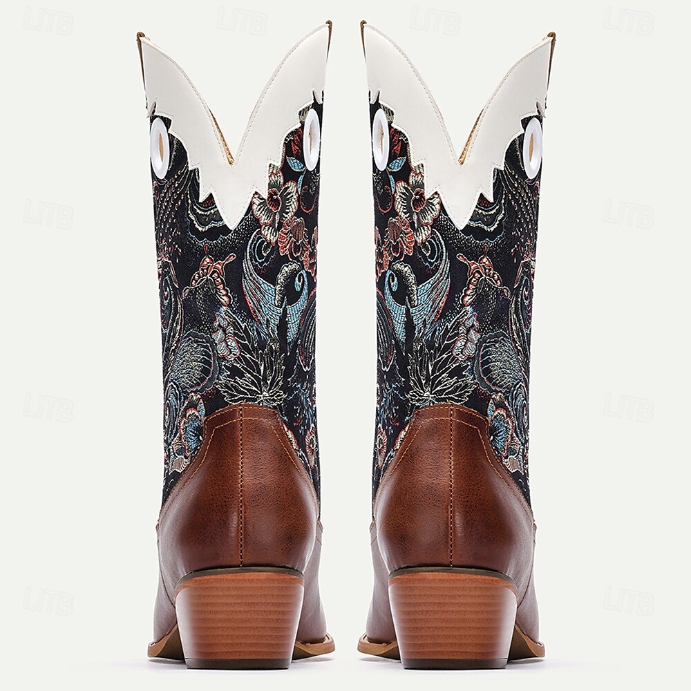 Men's Premium Cowhide Leather and Jacquard Fabric Western Cowboy Boots with Floral Embroidery-Vintage Style Boots for Ranch and Outdoor Wear