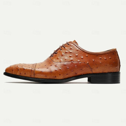 Men's Brown Ostrich Leather Oxfords: Elegant Brogue Detailing - Tokiyos