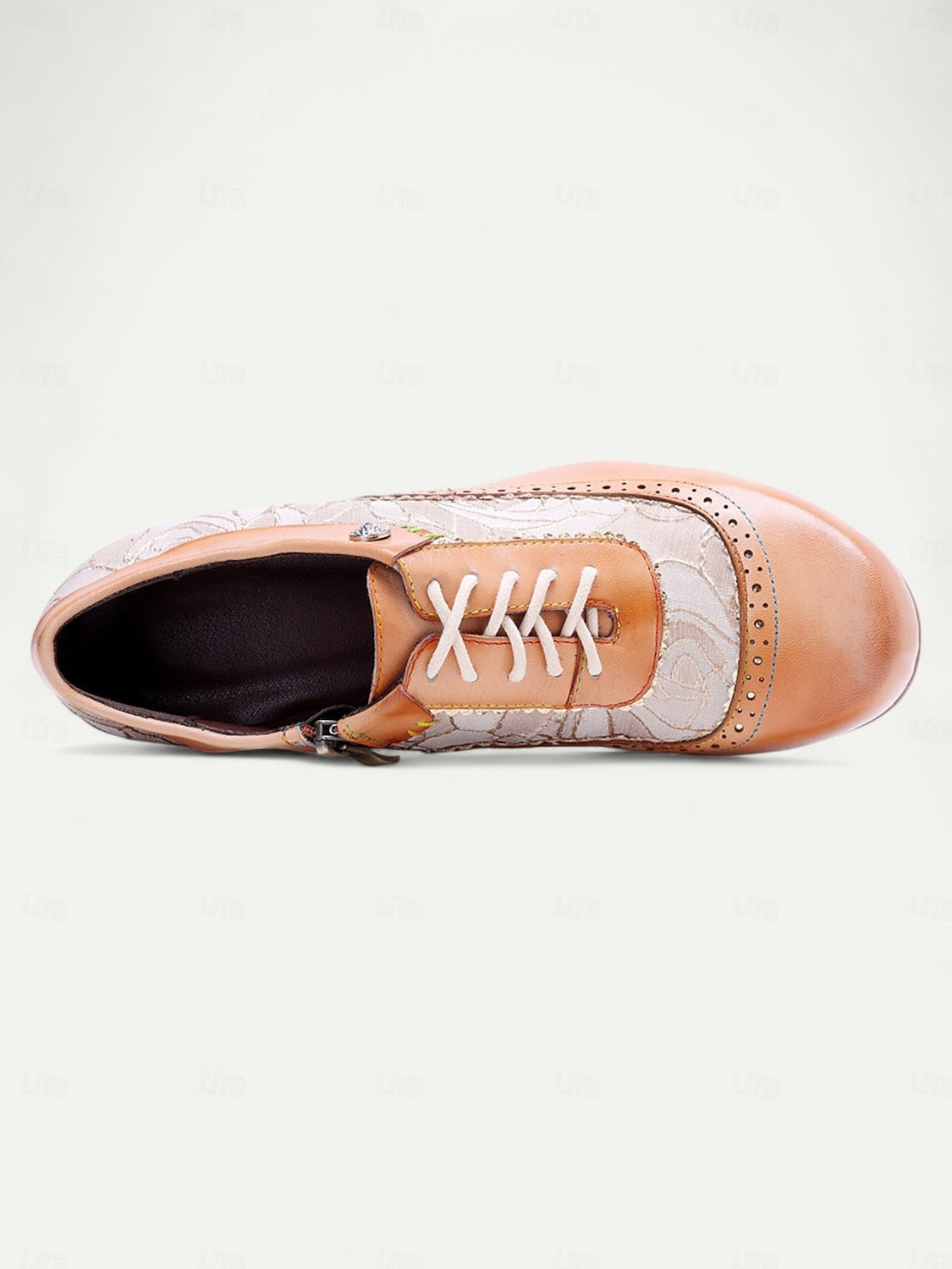 Women's Vintage Tan Oxford Shoes with Premium Leather, Brogue Detailing, Floral Embroidery, and Low Block Heel