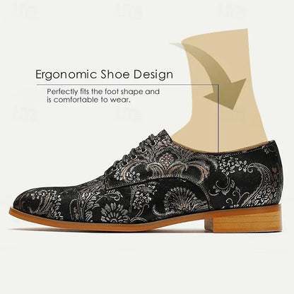 Men's Black Floral Brocade Oxfords: Classic Lace-Up Shoes with Luxurious Detailing - Tokiyos