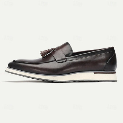 Men's Brown Premium Cowhide Tassel Loafers with White Sole - Comfortable & Stylish Footwear