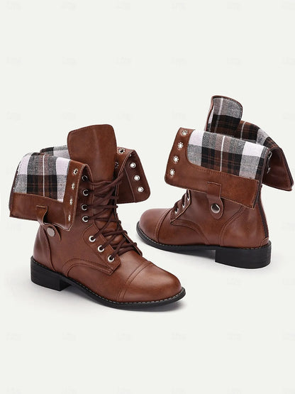 Women's Brown Convertible Lace-Up Combat Boots with Fold-Down Plaid Cuffs - Versatile Vintage Style for Casual and Outdoor Wear