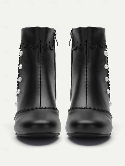 Women's Vintage Black Ankle Boots with Pearl Button Details