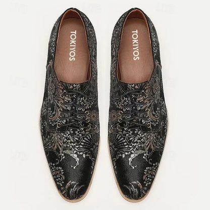 Men's Black Floral Brocade Oxfords: Classic Lace-Up Shoes with Luxurious Detailing - Tokiyos