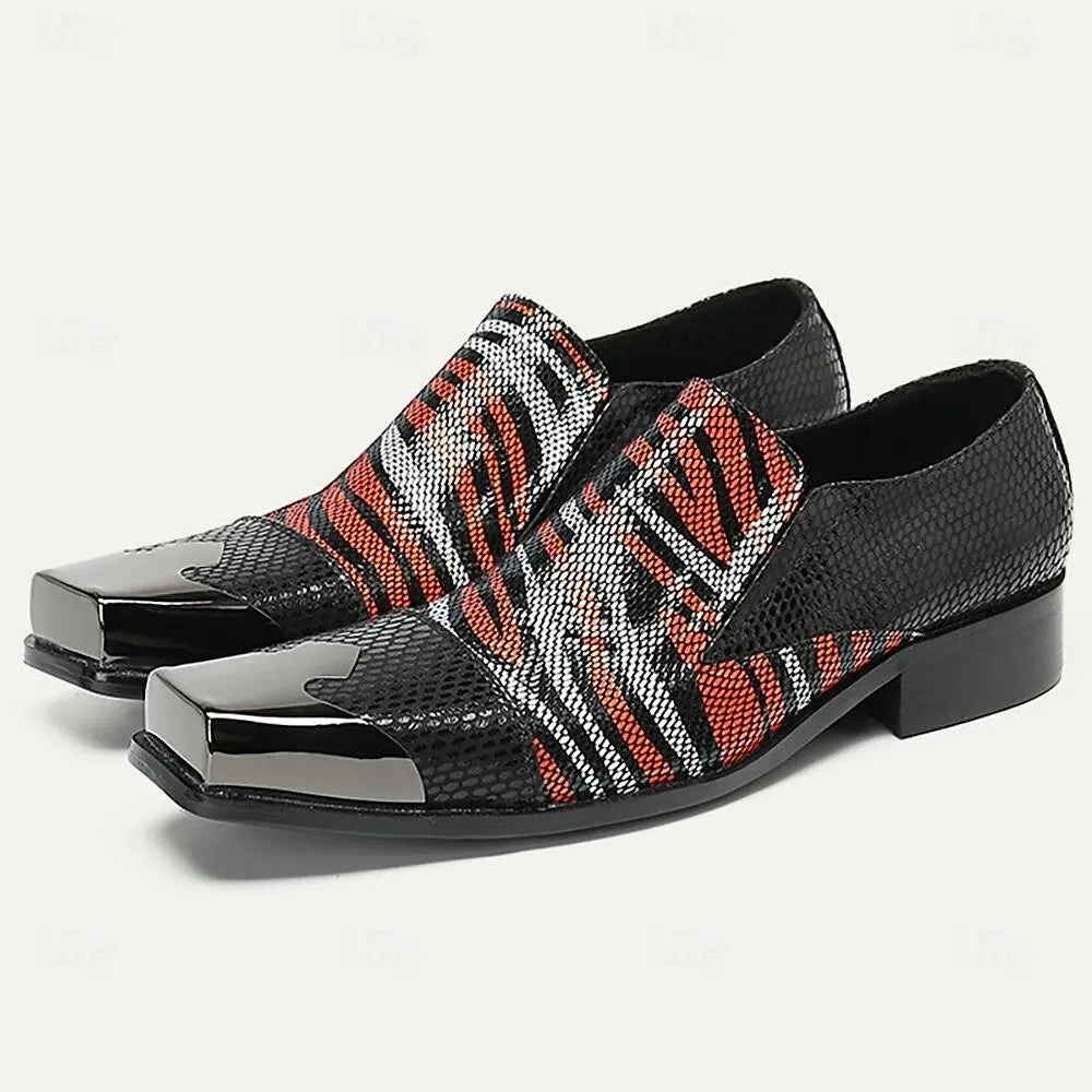 Men's Tiger Print Dress Shoes - Black and Orange Stylish Patent Leather Loafers - Tokiyos