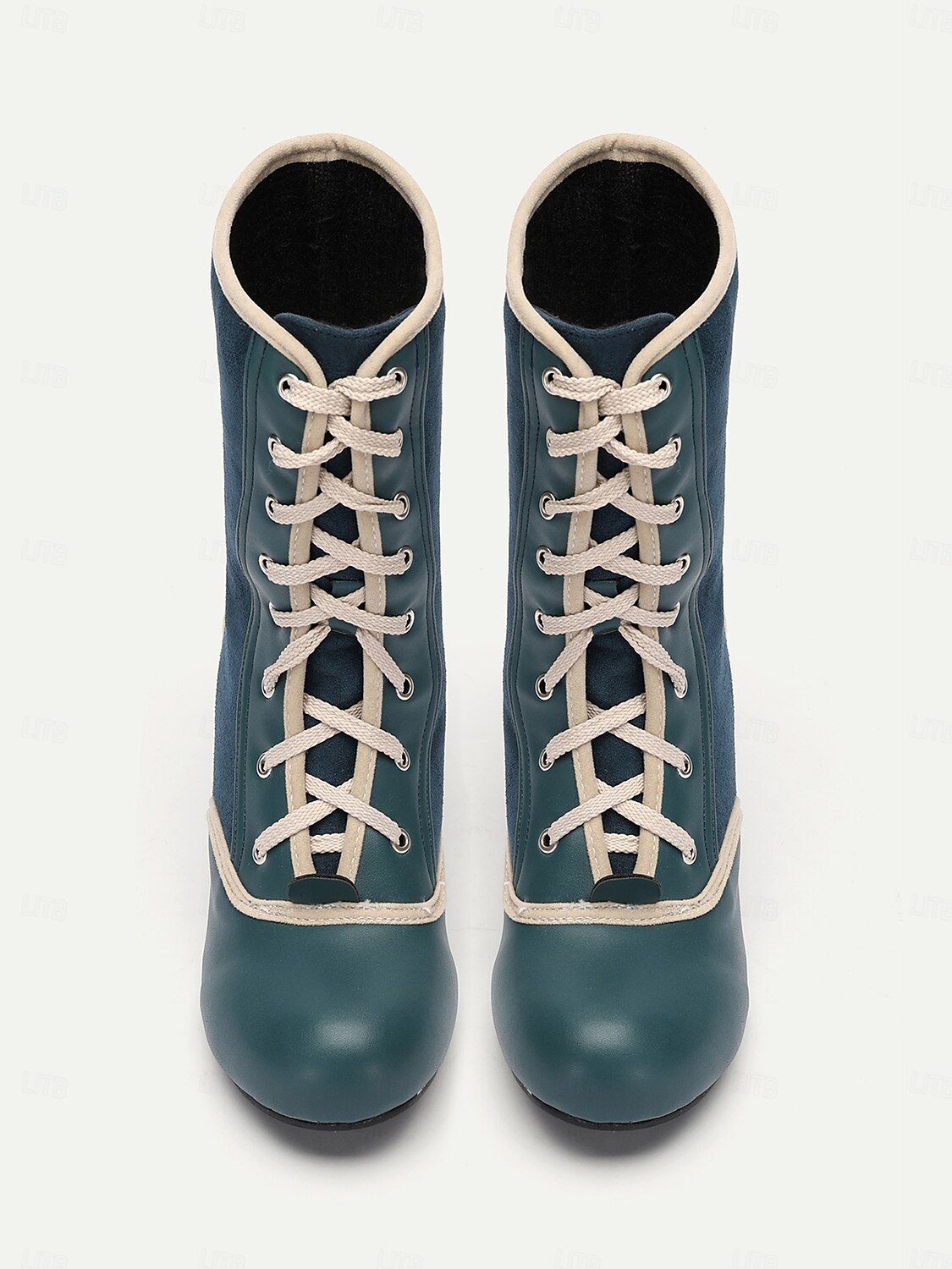 Women's Vintage Lace-Up Mid Heel Boots in Teal with Faux Suede and Faux Leather Panels – Ideal for Retro-Inspired Fashion, Cosplay, or Victorian-Style Costumes