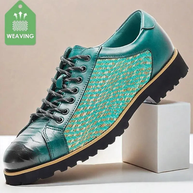 Men's Green Woven Outdoor Shoes with Rugged Sole and Black Accents