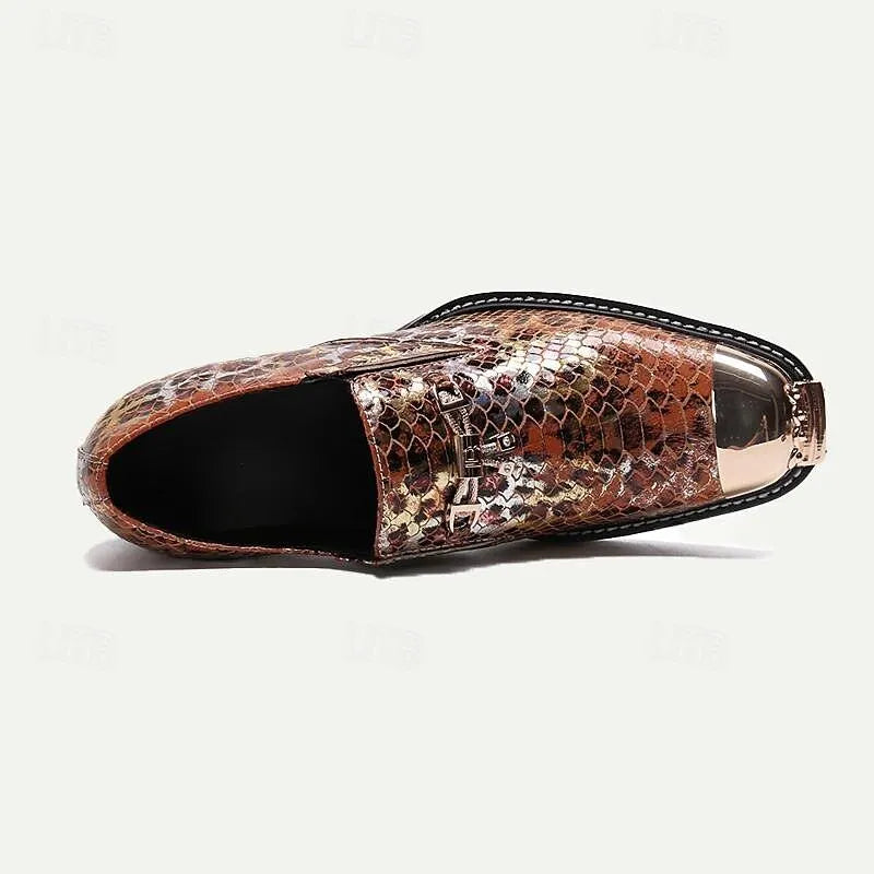 Men's Exotic Copper Snakeskin Print Leather Dress Shoes with Metal Cap Toe - Tokiyos