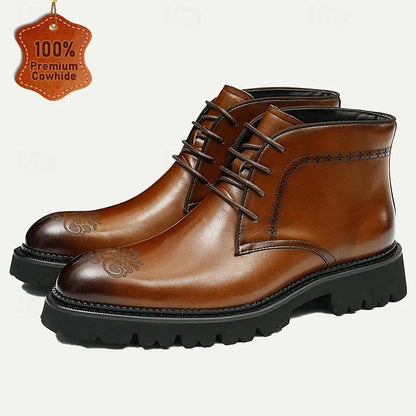 Men's Premium Cowhide Leather Ankle Boots Elegant Embossed Detailing for Business Casual Wear