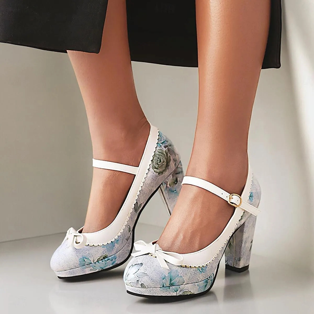 Floral White Platform Mary Jane Heels with Bow for Women - Tokiyos