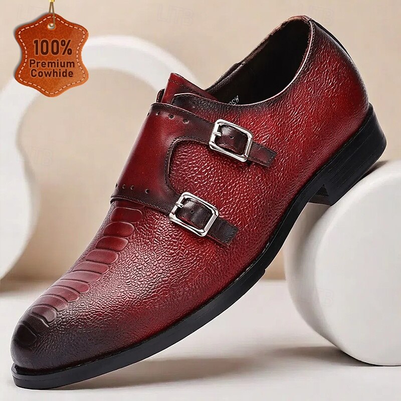 Men's Double Monk Strap Red Leather Oxford Shoes ¨C Premium Cowhide, Textured Design, Formal Dress Shoes for Business and Special Occasions