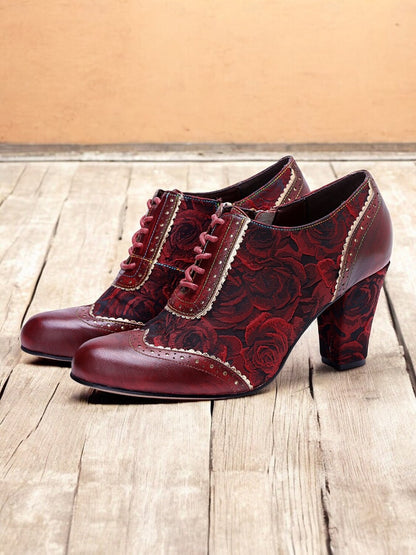 Women's Red Floral Lace-Up Heeled Oxford Shoes-Vintage Brogue Design with Rose Pattern for Retro and Steampunk Styles