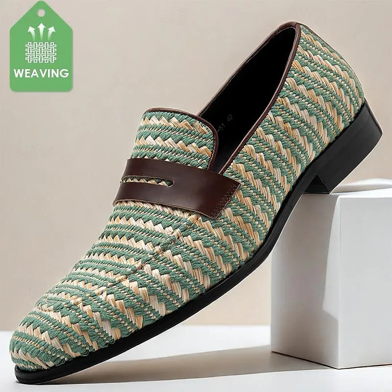 Men's Green and Beige Woven Loafers - Breathable Slip-On Casual Shoes