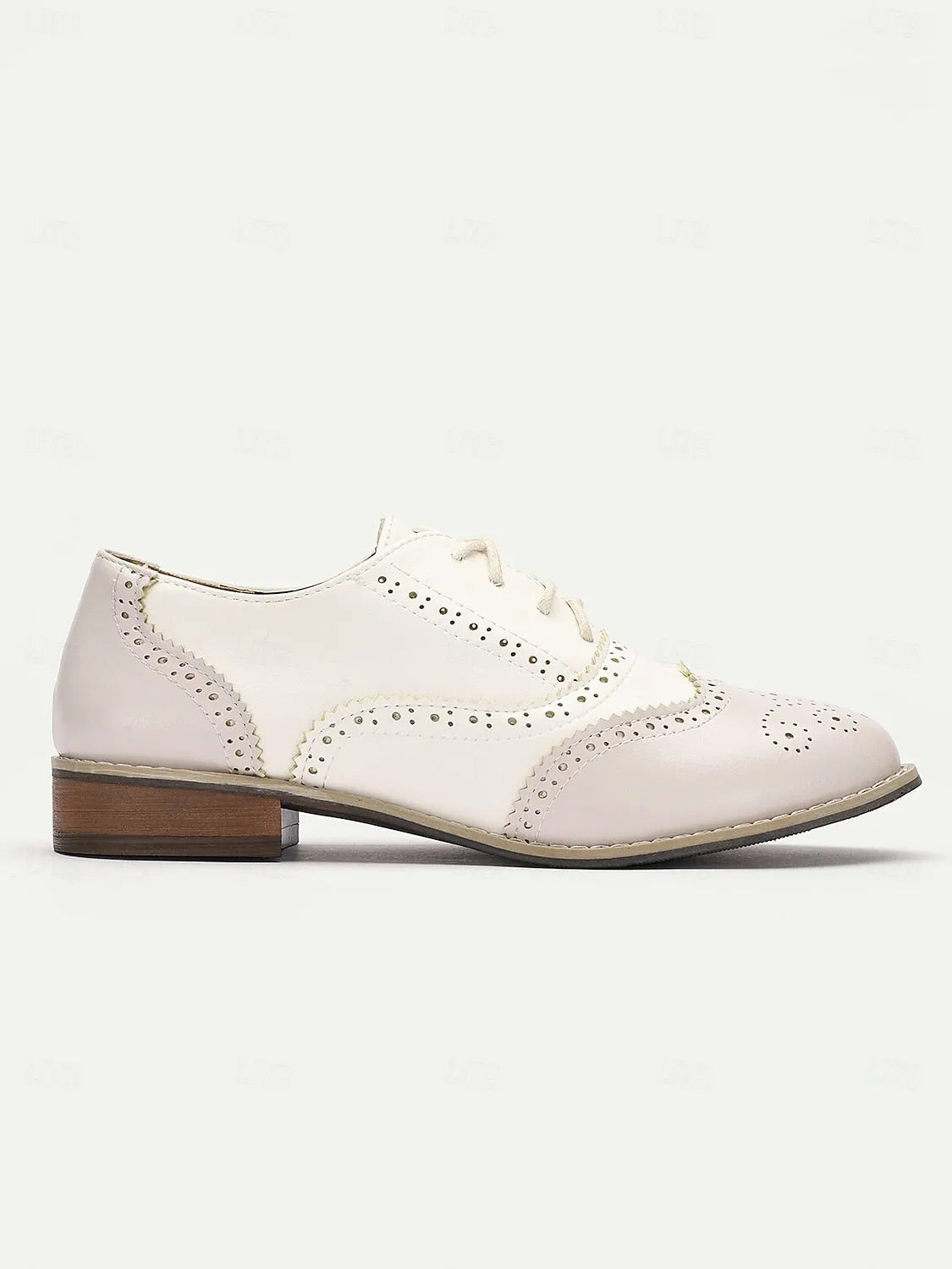 Women's Cream and White Faux Leather Brogue Oxford Shoes with Lace-Up Closure