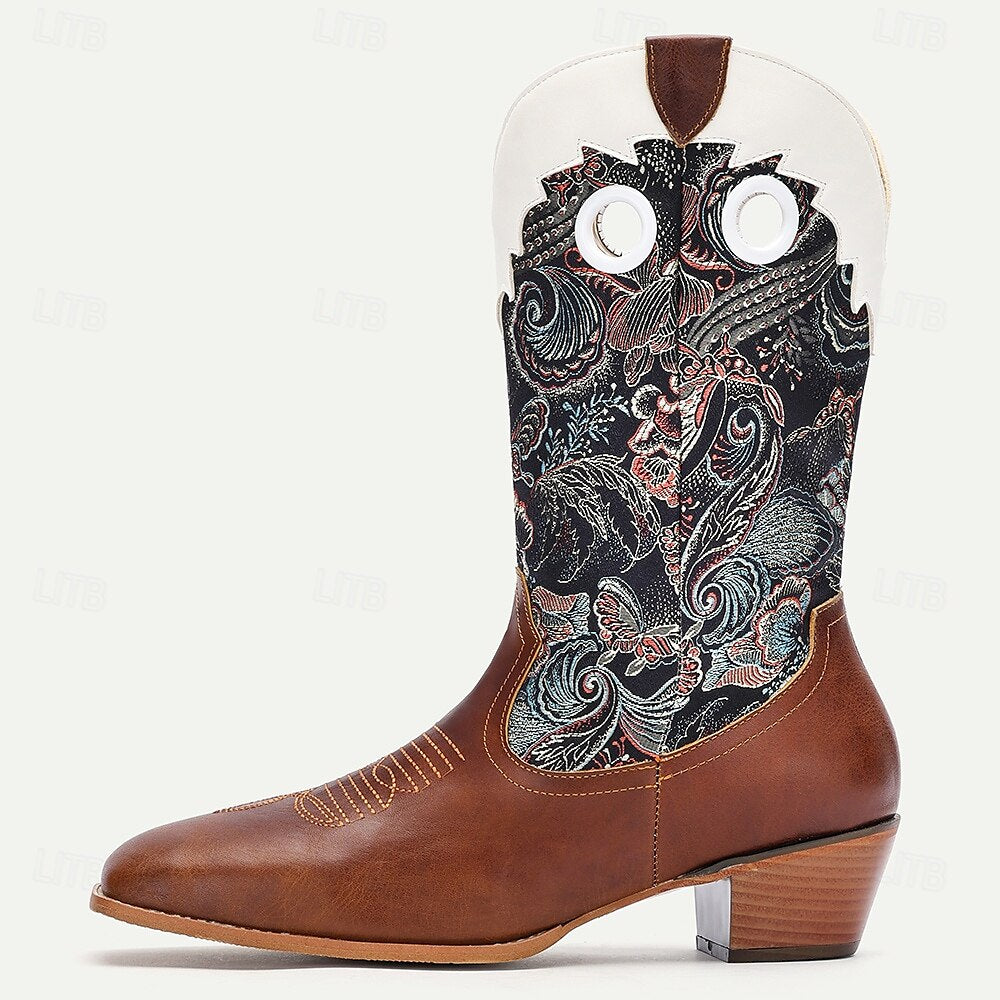 Men's Premium Cowhide Leather and Jacquard Fabric Western Cowboy Boots with Floral Embroidery-Vintage Style Boots for Ranch and Outdoor Wear