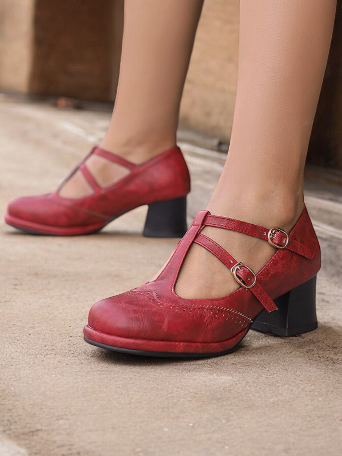 Women's Vintage Red Mary Jane Heels – Double Buckle Strap, Retro Block Heel, Perfect for Formal and Casual Occasions