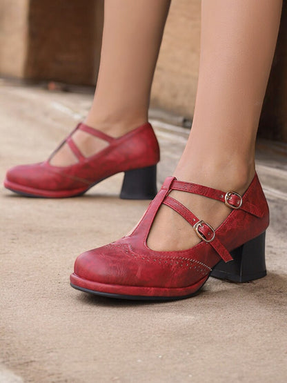 Women's Vintage Red Mary Jane Heels – Double Buckle Strap, Retro Block Heel, Perfect for Formal and Casual Occasions