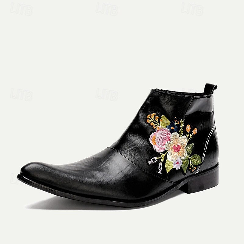 Men's Premium Cowhide Embroidered Leather Ankle Boots - Stylish Floral Design for Casual or Formal Wear