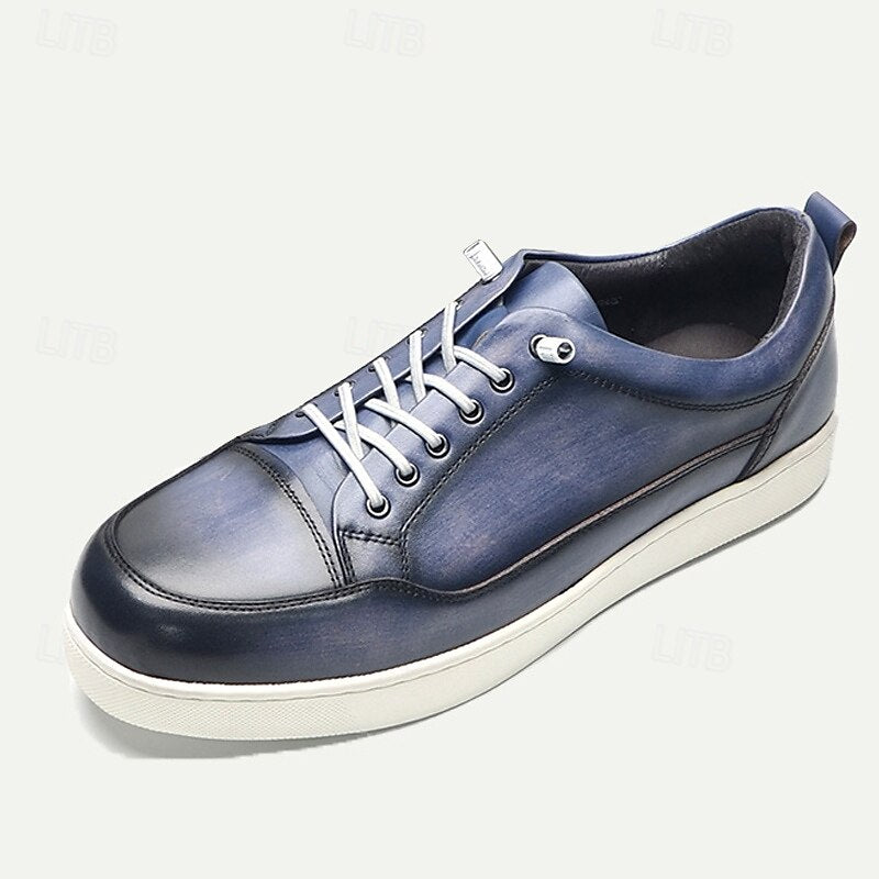 Men's Premium Cowhide Leather Casual Sneakers with Lace-Up Design and White Sole