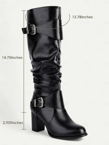 Women's Black Knee-High Chunky Heel Boots with Buckle Straps - Stylish Faux Leather Slouch Boots for Fall and Winter Casual Wear