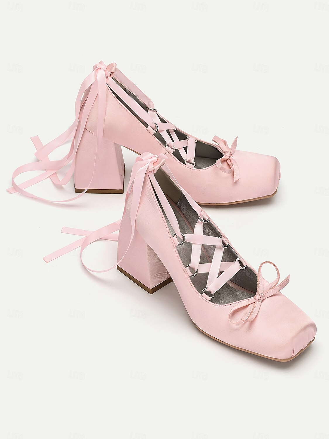 Women's Pink Satin Lace-Up Block Heels with Ribbon Ties-Ballet-Inspired Pumps for Special Occasions and Elegant Outfits