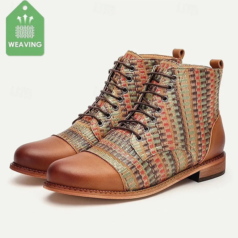 Men's Premium Woven Fabric and Leather Lace-Up Boots with Multicolor Pattern and Leather Toe Cap