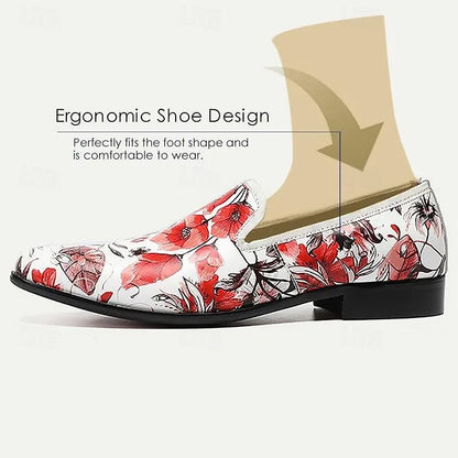 Men's Floral Print Slip-On Dress Shoes in Red and White - Tokiyos