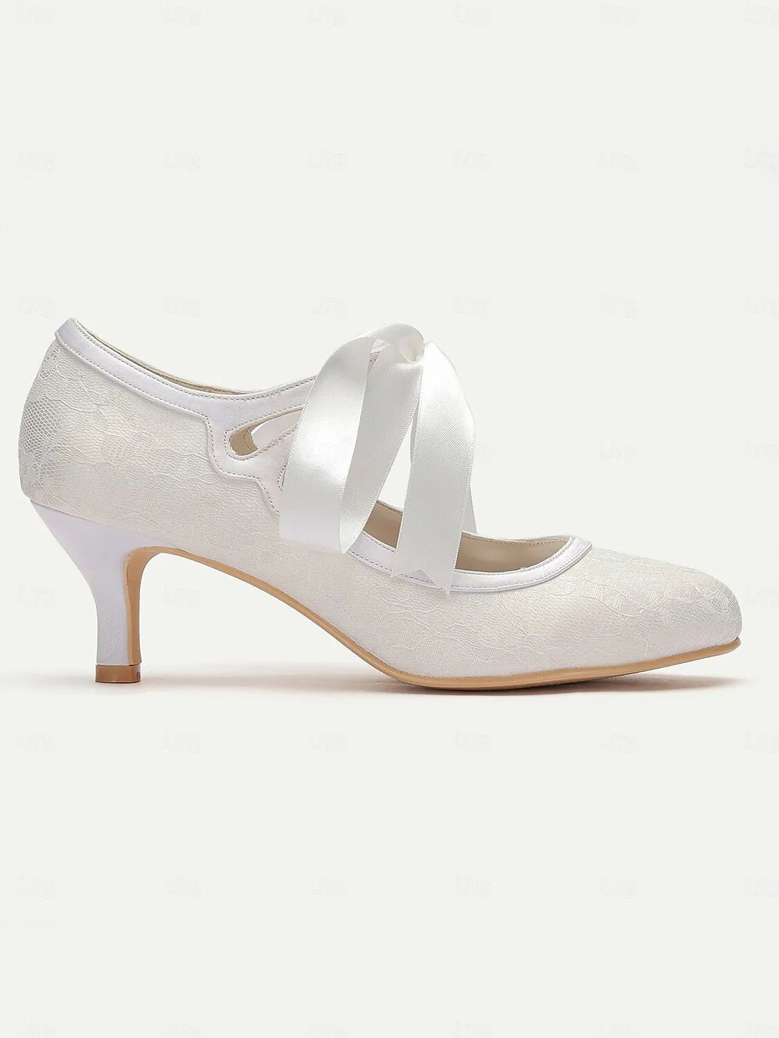 Women's White Lace Wedding Shoes with Ribbon Tie and Low Heel