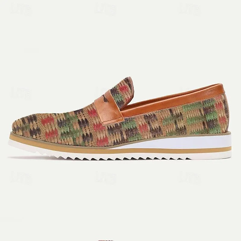 Men's Plaid Slip-On Loafers - Casual Shoes with Patterned Knit Design and Leather Accents - Tokiyos