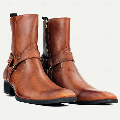 Men's Handmade Goodyear Welted Leather Ankle Boots with Harness Strap and Side Zipper