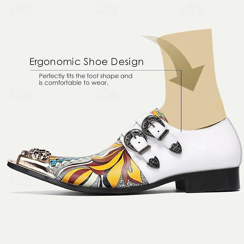 Men's White Monk Strap Shoes Colorful Artistic Print Lion Head Buckles - Tokiyos