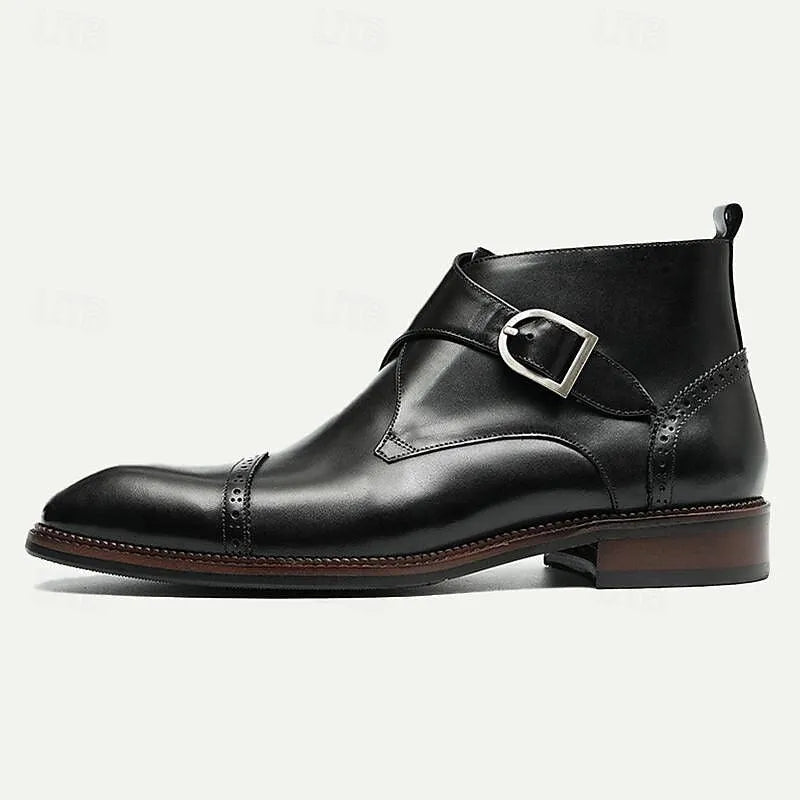 Men's Buckle Strap Ankle Boots - 100% Premium Cowhide Leather with Brogue Detailing - Tokiyos