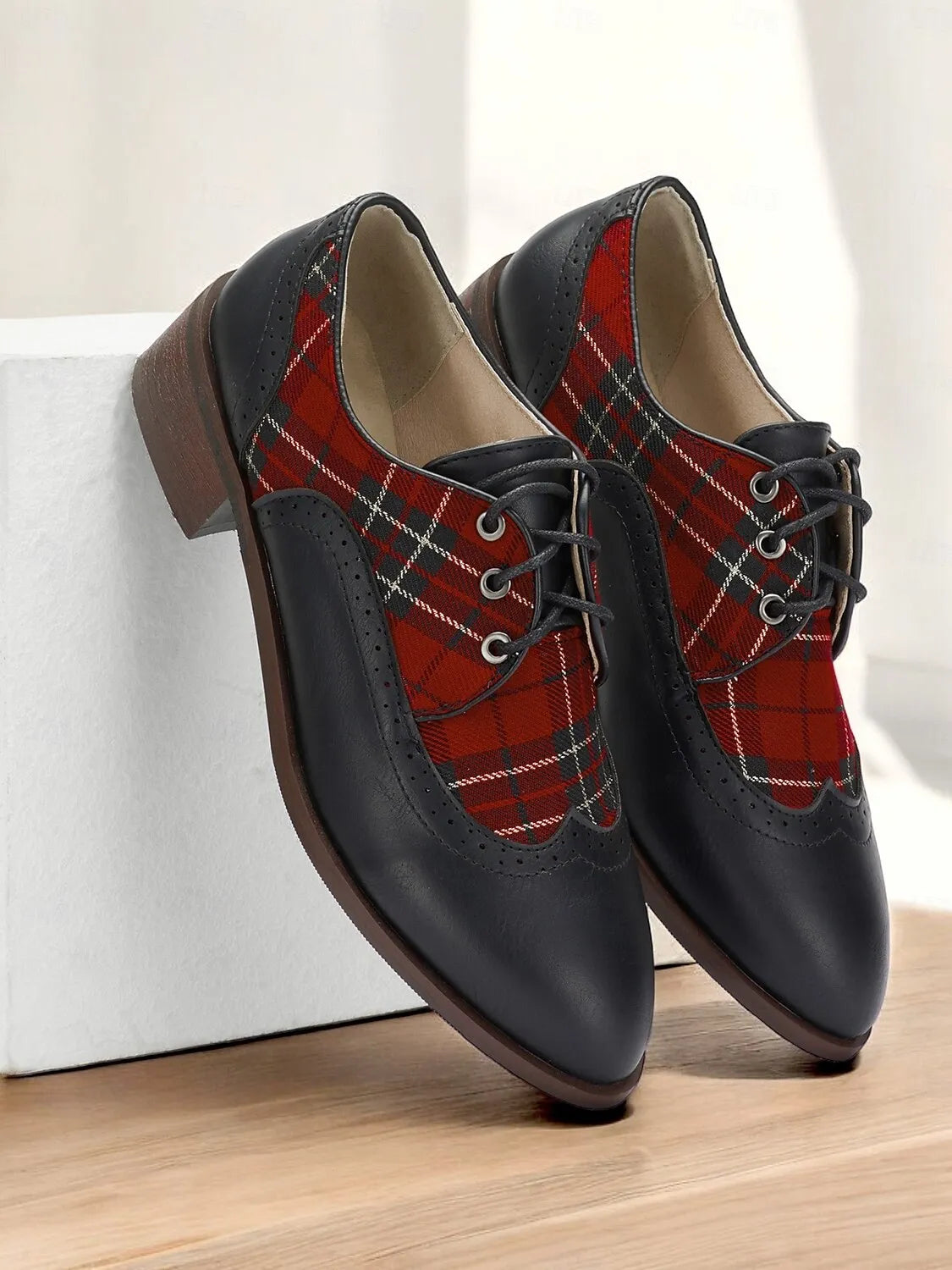 Women's Black Leather Oxford Shoes with Red Tartan Plaid Panels