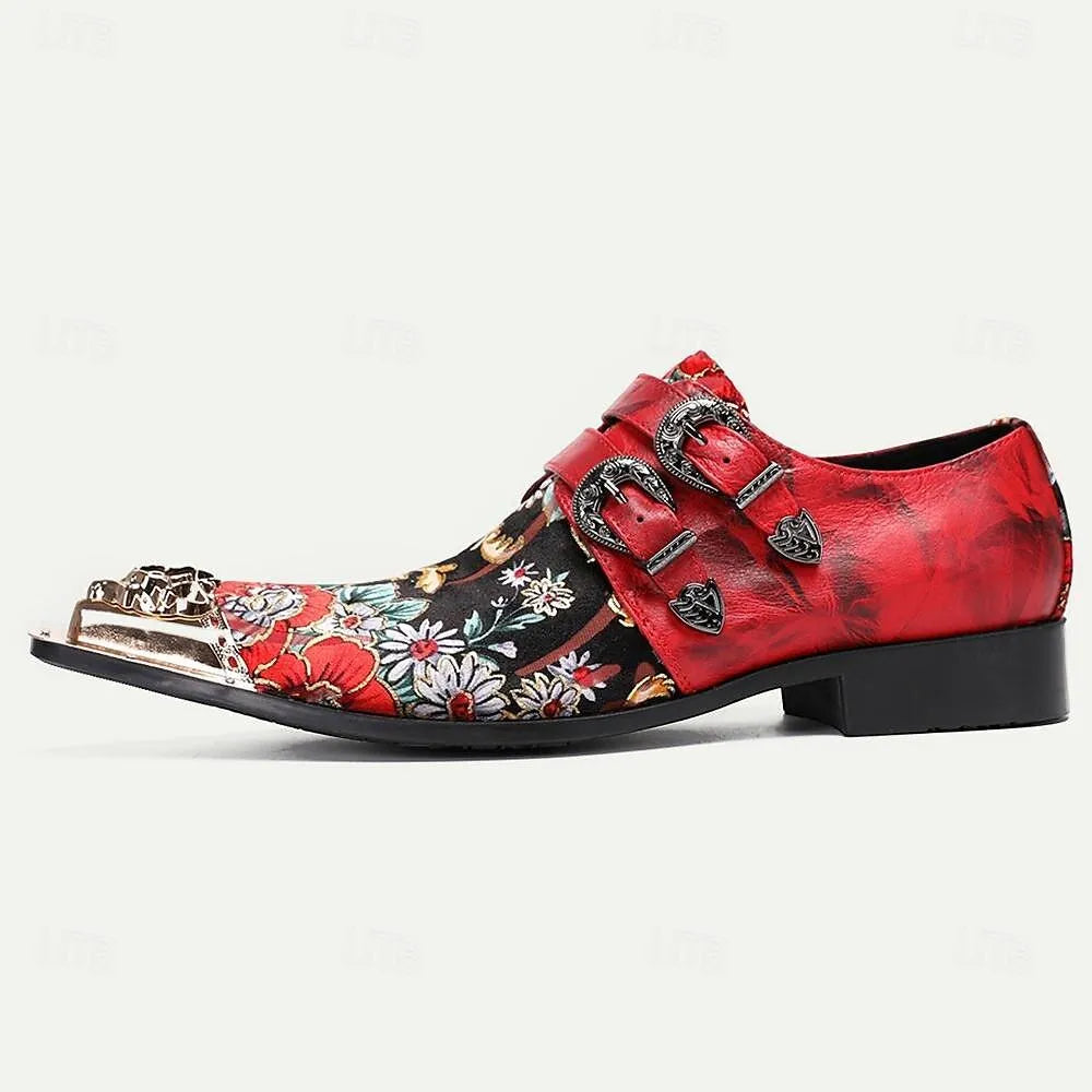 Men's Red Floral Embroidered Monk Strap Shoes Gold Lion Head Buckles - Tokiyos