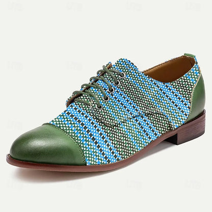 Men's Dress Shoes Green Blue Woven Fabric Lace-up Design - Tokiyos