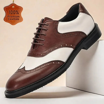 Men's Premium Cowhide Brown and White Wingtip Oxford Shoes with Perforated Detailing