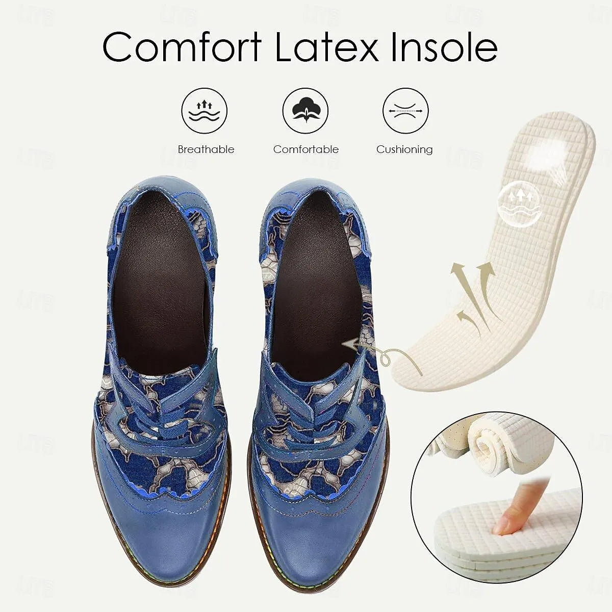 Women's Oxford Heels Elegant Blue Lace Pattern - Tokiyos