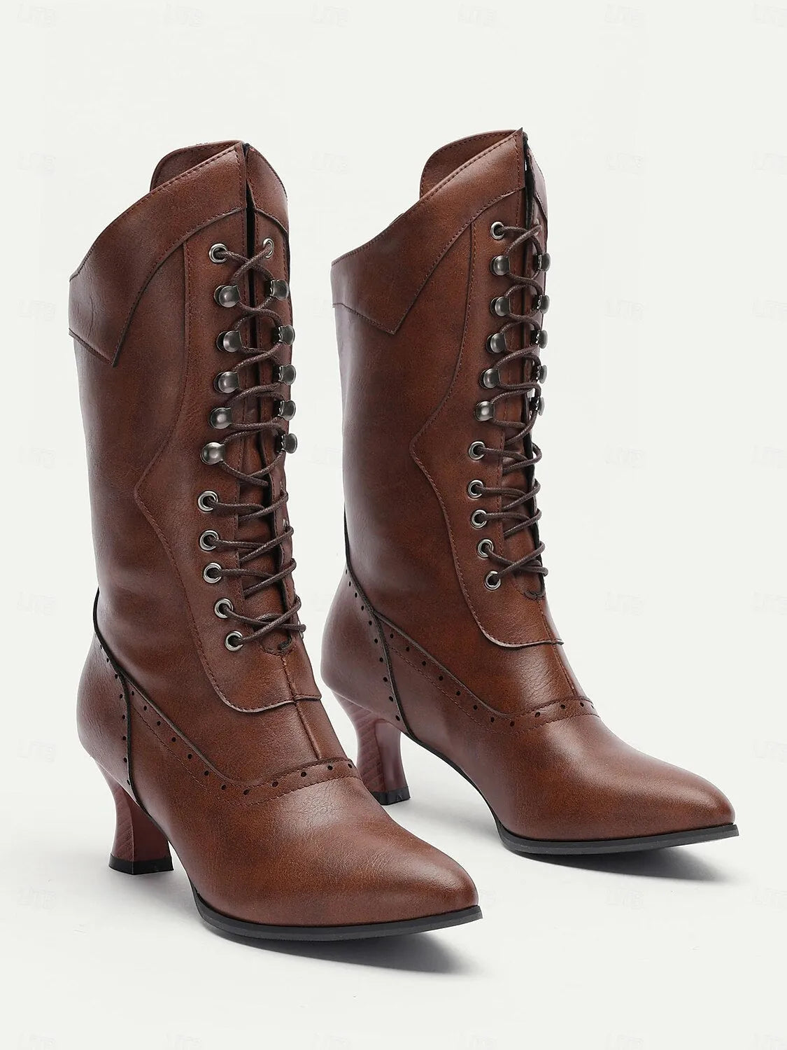 Women's Brown Victorian Lace-Up Boots with Mid Heel and Brogue Detailing - Retro Style Knee-High Boots