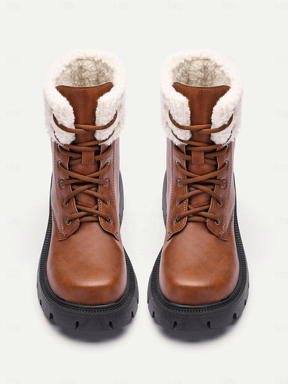 Women's Brown Winter Ankle Boots with Faux Fur Lining-Warm Lace-Up Combat Boots for Casual Outdoor Wear