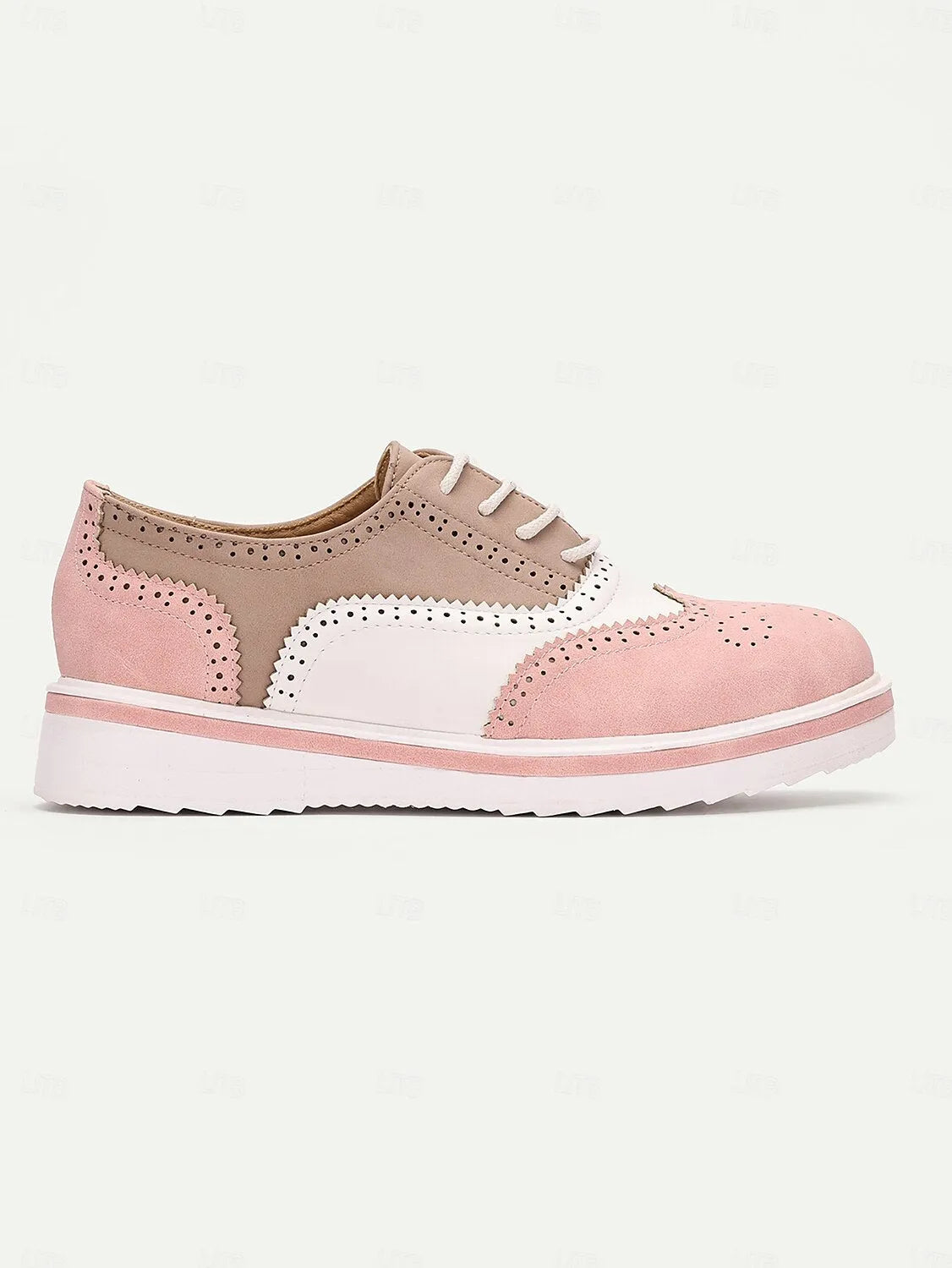 Women's Pink and Beige Brogue Oxford Sneakers, Lace-Up Casual Shoes with Wingtip Detailing for Everyday Wear