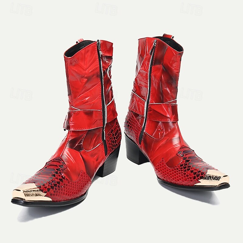 Men's Red Premium Cowhide Motorcycle Boots with Snake Pattern, Metal Toe Cap, and Western Style - Perfect for Riding and Outdoor Adventures