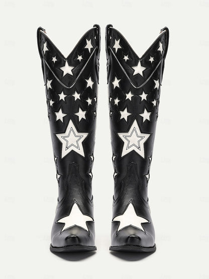 Women's Black Star-Patterned Western Cowboy Boots with White Contrast Embellishments – Stylish Faux Leather Boots for Rodeo, Country, and Casual Wear