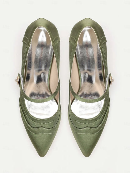 Green Mary Jane Satin Heels with Pearl Button - Elegant Women's Dress Shoes for Formal Events and Office Wear