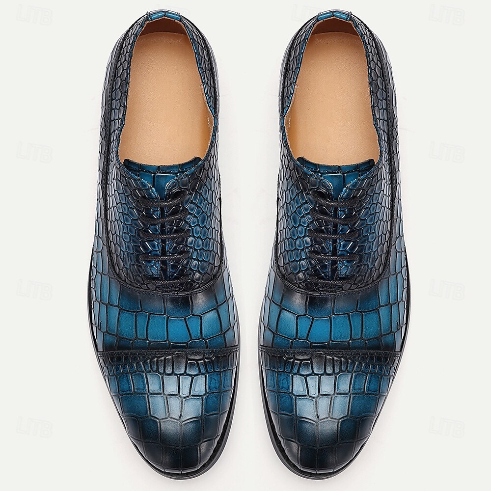 Men's Blue Crocodile Embossed Cowhide Leather Oxford Shoes-Elegant Lace-Up Dress Shoes for Formal Events and Business Wear