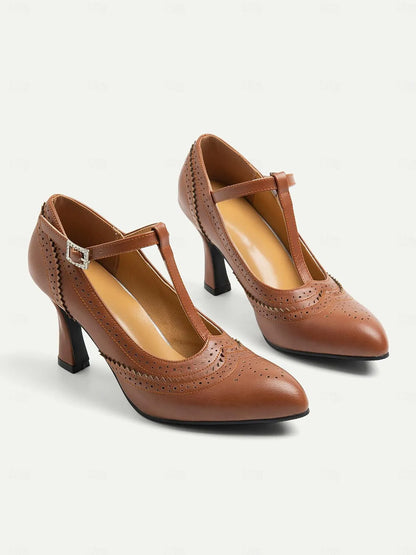 Women's Brown T-Strap Heeled Mary Jane Shoes with Brogue Detailing - Vintage Style High Heel Dress Shoes for Elegant Occasions