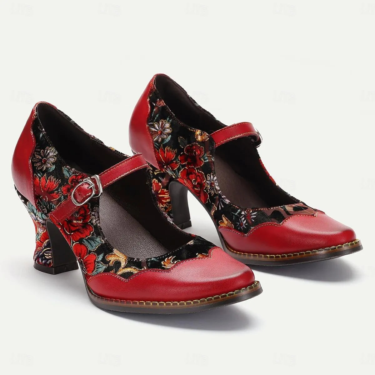 Red Floral Mary Jane Heels with Buckle - Women's Leather Shoes - Tokiyos