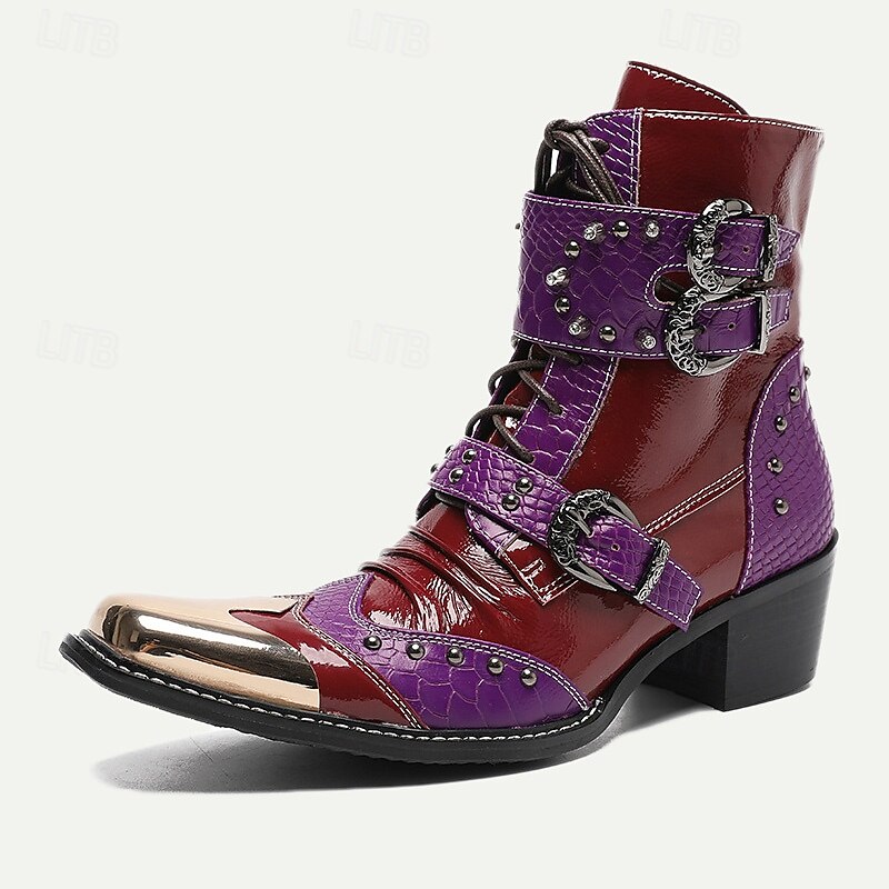 Men's Premium Cowhide Studded Motorcycle Boots - Bold Red and Purple Design with Buckles and Metallic Toe Cap